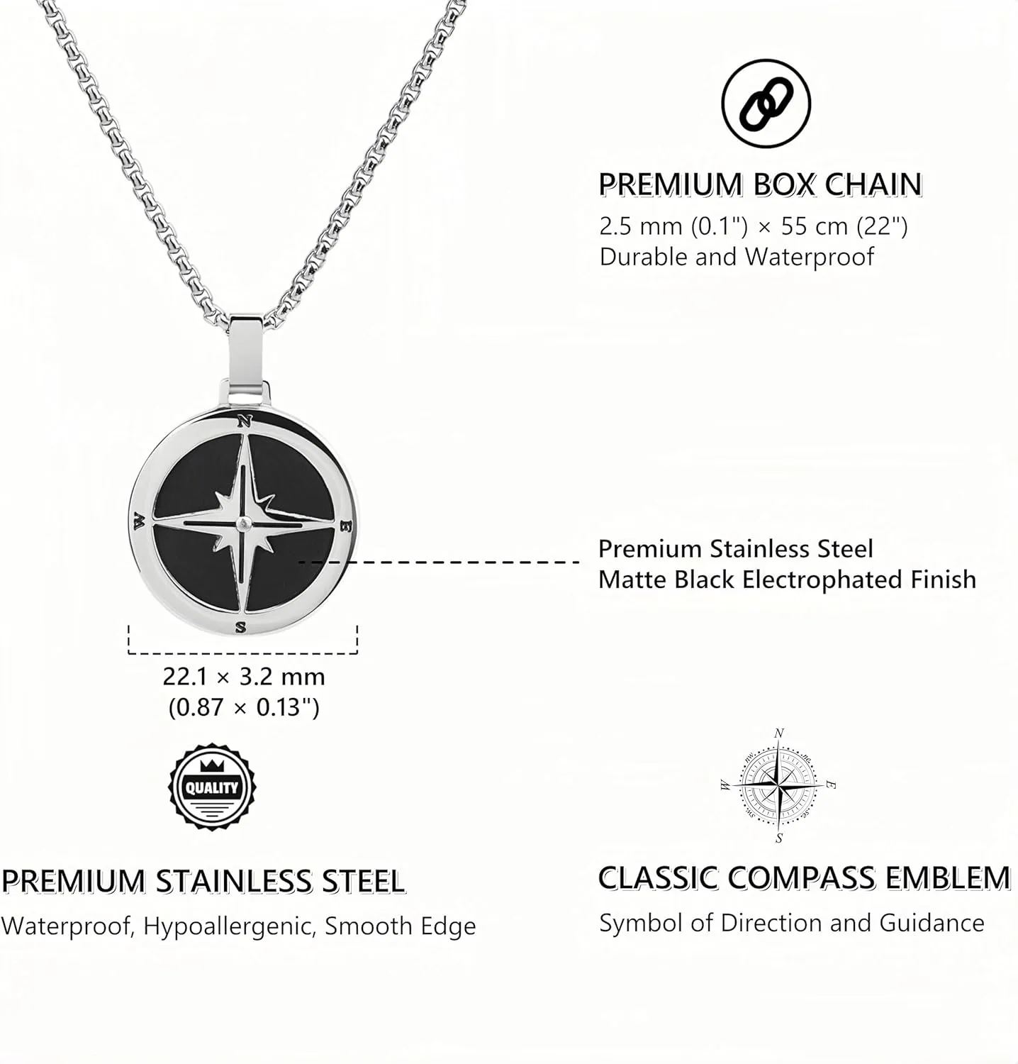 GAVU Men's Stainless Steel Compass Necklace, Crystal Beaded Necklace for Men