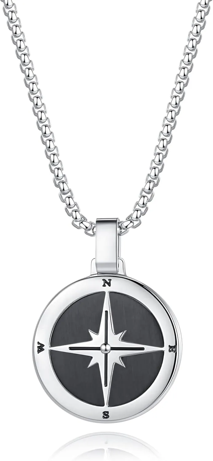 GAVU Men's Stainless Steel Compass Necklace, Crystal Beaded Necklace for Men
