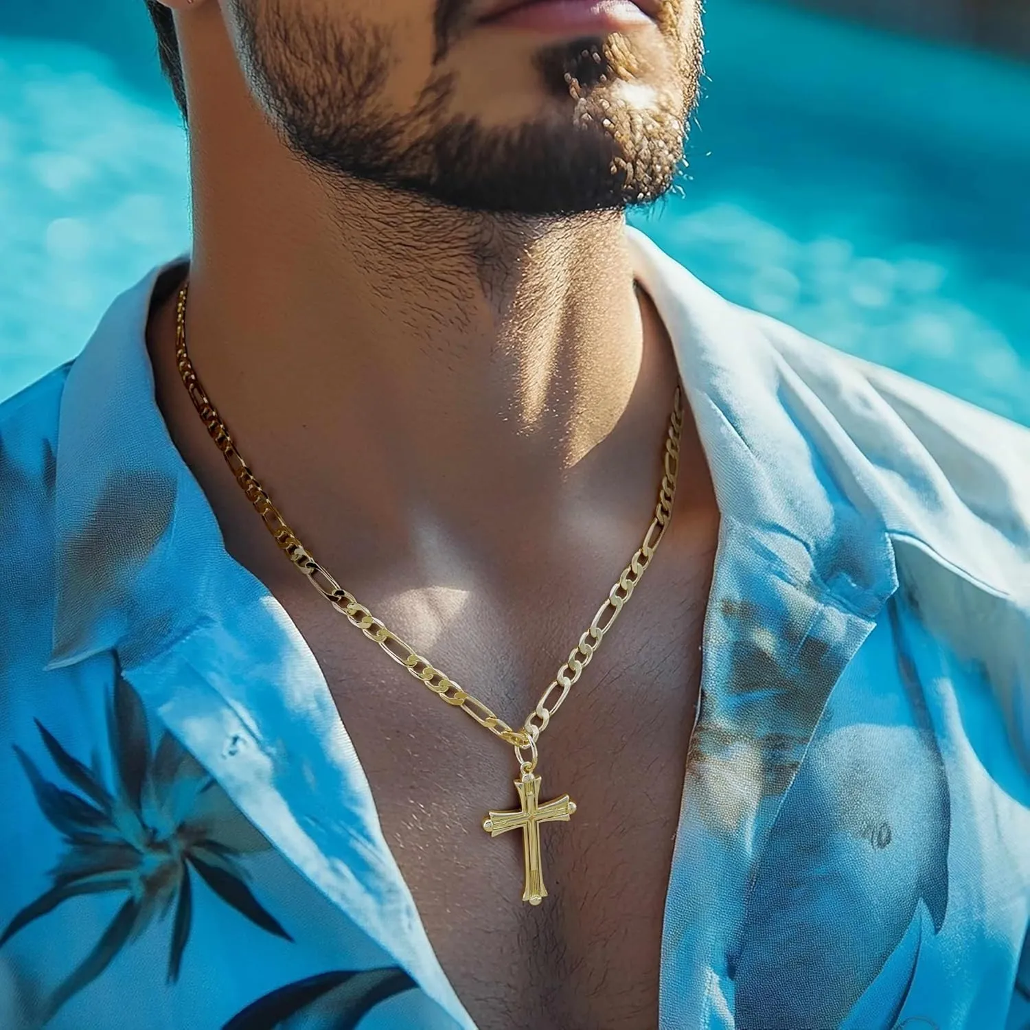 Gold Cross Necklace for Men 14K Gold Cross Chain for Men with Figaro Chain Intricate Gothic Details with Ornate Edges Dainty Mens Crosses Pendant 20/22/24 in