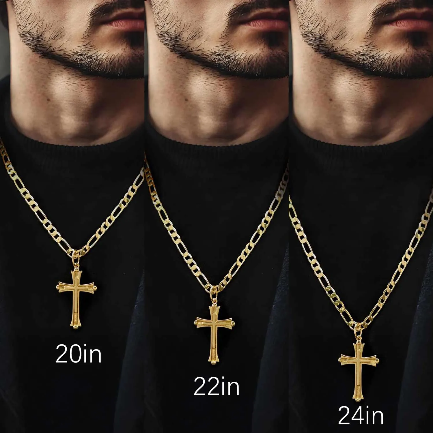 Gold Cross Necklace for Men 14K Gold Cross Chain for Men with Figaro Chain Intricate Gothic Details with Ornate Edges Dainty Mens Crosses Pendant 20/22/24 in