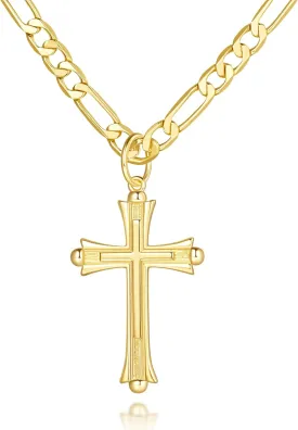 Gold Cross Necklace for Men 14K Gold Cross Chain for Men with Figaro Chain Intricate Gothic Details with Ornate Edges Dainty Mens Crosses Pendant 20/22/24 in