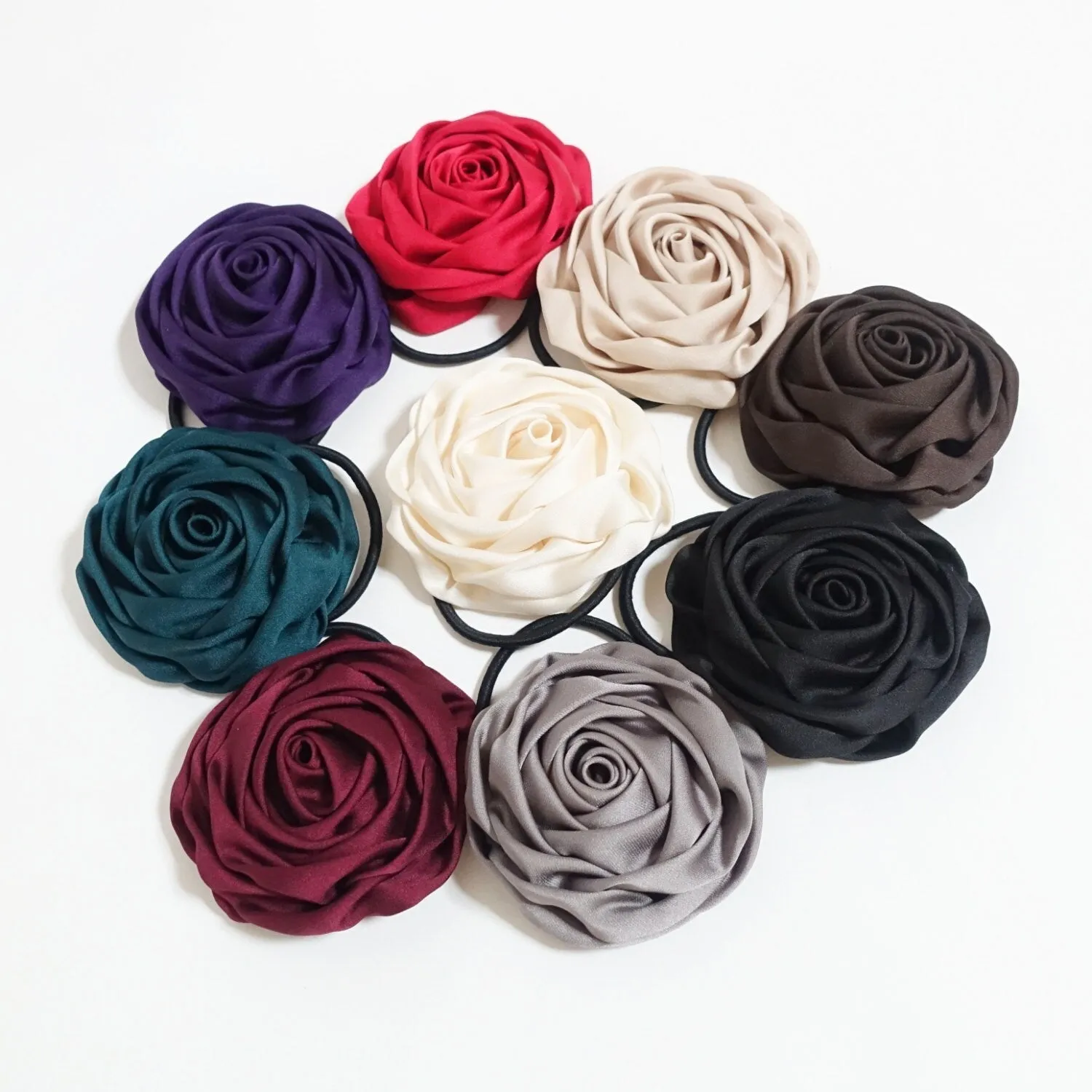 Handmade Satin Fabric Simple Rose Elastic Band Ponytail Holder Women hair accessories