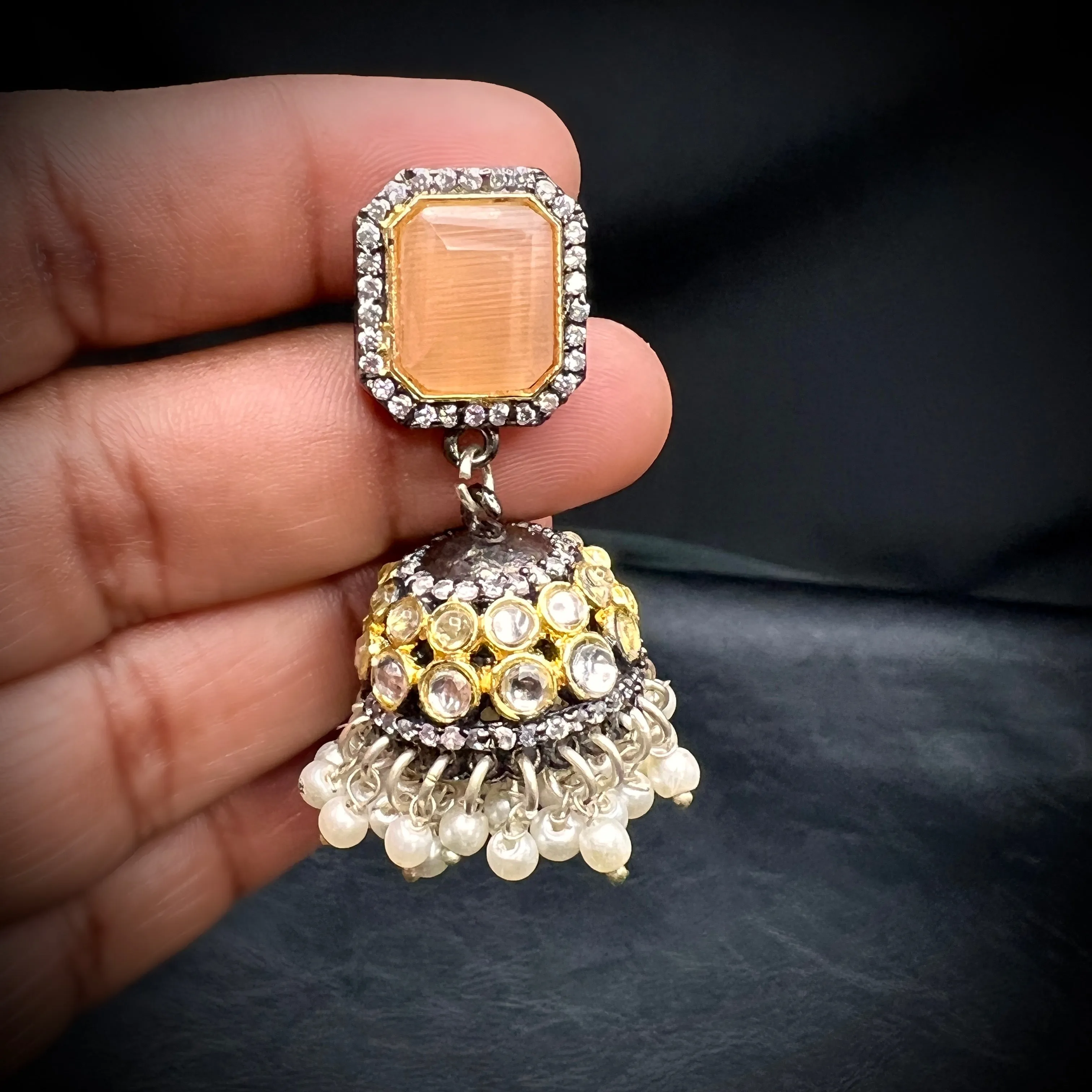 Handmade Victorian AD Kundan Peach Orange crystal beads Mala set