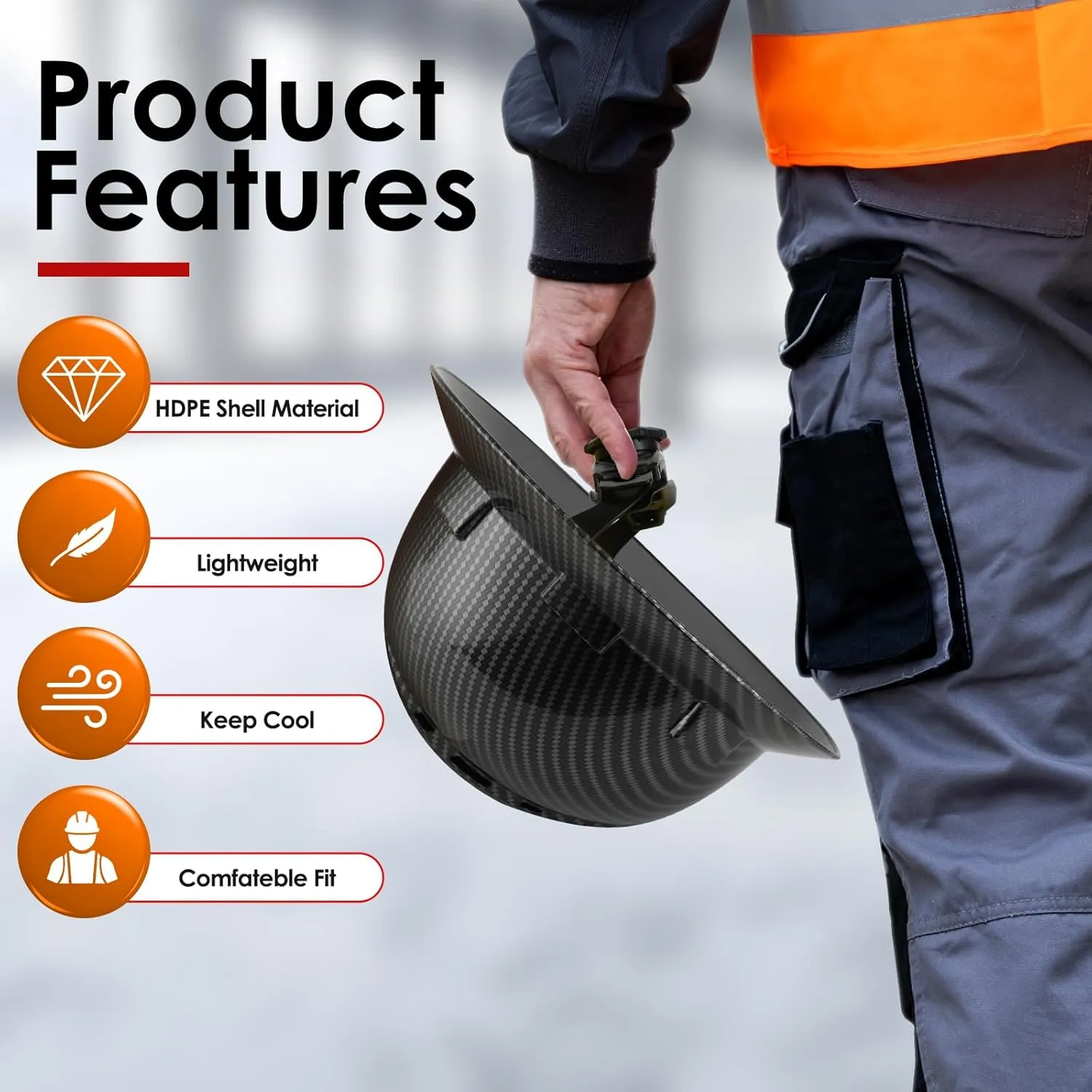 HDPE Full Brim Hard Hat, Construction Safety Helmet with Vented Holes, 6 Point Adjustable Ratchet Suspension, Meets ANSI/ISEA Z89.1, Water Transfer Printing