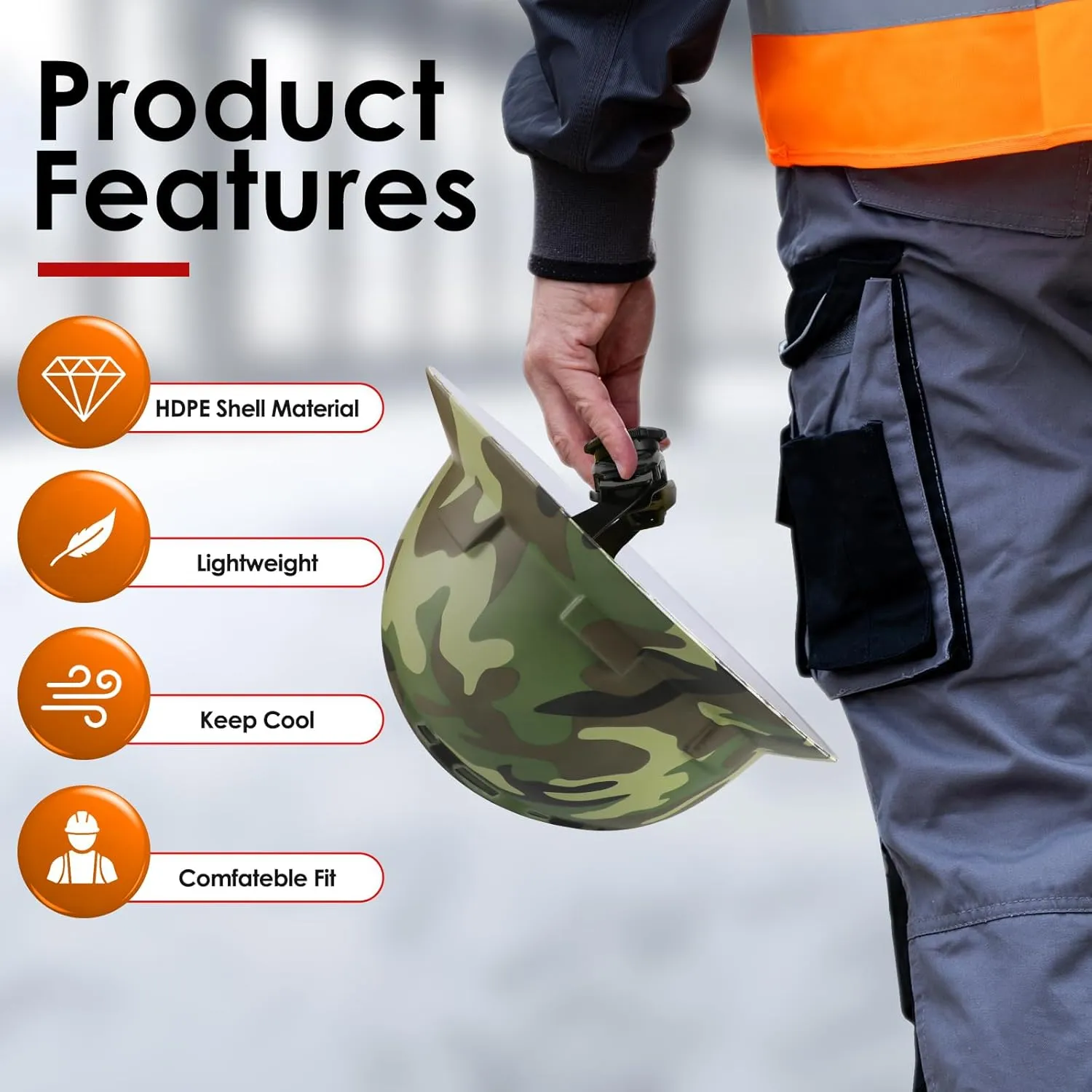 HDPE Full Brim Hard Hat, Construction Safety Helmet with Vented Holes, 6 Point Adjustable Ratchet Suspension, Meets ANSI/ISEA Z89.1, Water Transfer Printing