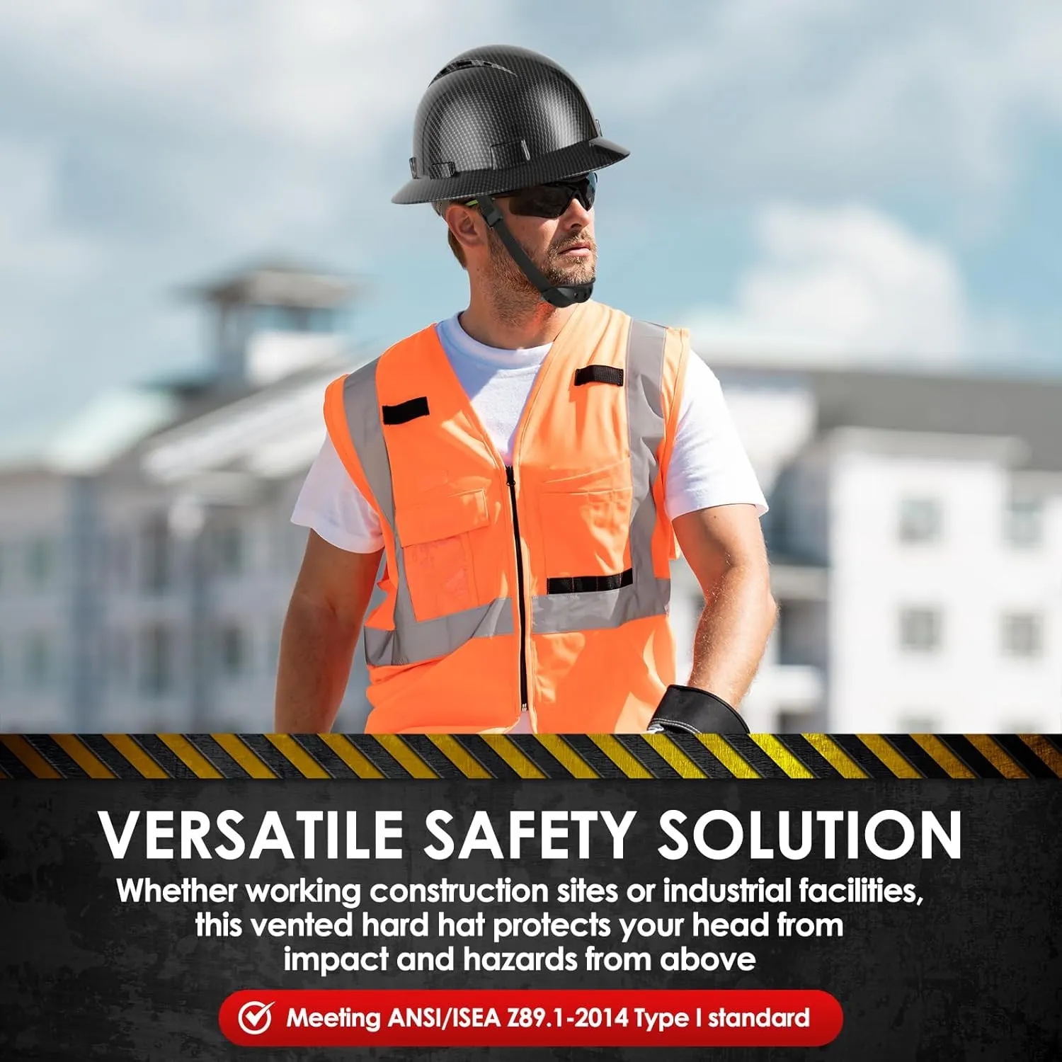 HDPE Full Brim Hard Hat, Construction Safety Helmet with Vented Holes, 6 Point Adjustable Ratchet Suspension, Meets ANSI/ISEA Z89.1, Water Transfer Printing
