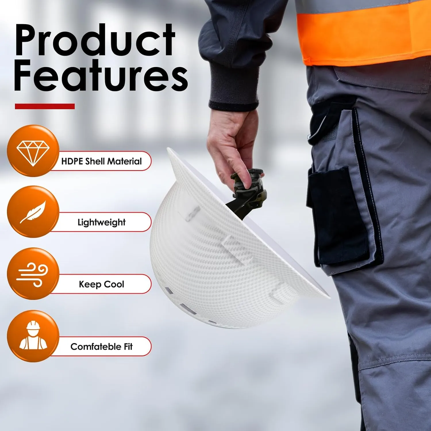 HDPE Full Brim Hard Hat, Construction Safety Helmet with Vented Holes, 6 Point Adjustable Ratchet Suspension, Meets ANSI/ISEA Z89.1, Water Transfer Printing
