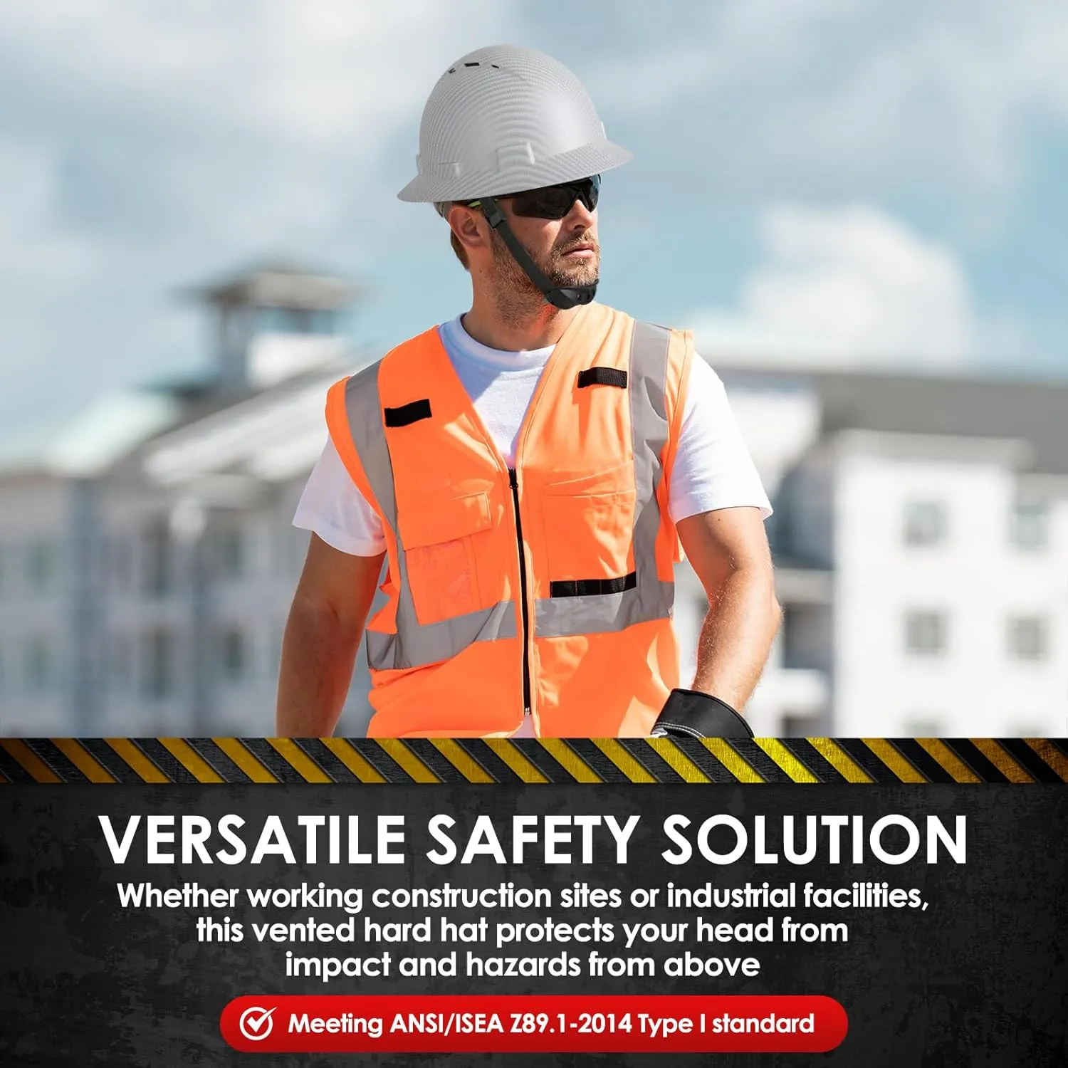 HDPE Full Brim Hard Hat, Construction Safety Helmet with Vented Holes, 6 Point Adjustable Ratchet Suspension, Meets ANSI/ISEA Z89.1, Water Transfer Printing