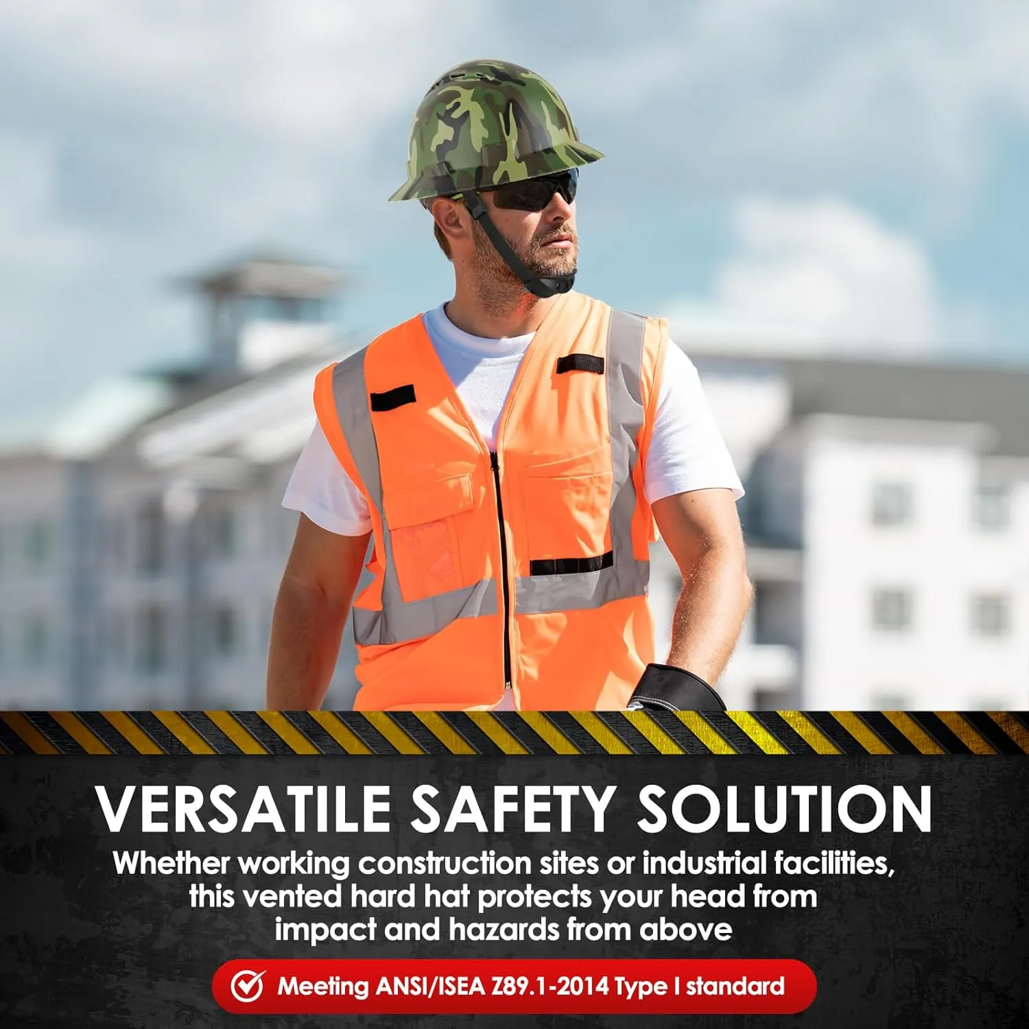 HDPE Full Brim Hard Hat, Construction Safety Helmet with Vented Holes, 6 Point Adjustable Ratchet Suspension, Meets ANSI/ISEA Z89.1, Water Transfer Printing