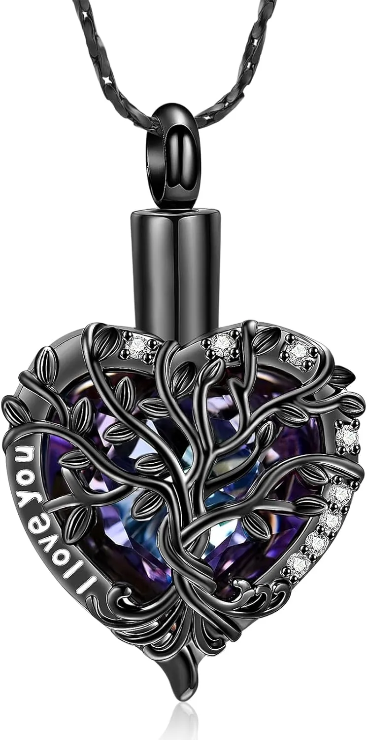 Imrsanl Crystal Heart Urn Necklace for Ashes Tree of Life Cremation Jewelry for Women Men Memorial Pendant Loved Ones Funeral Keepsake