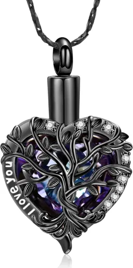 Imrsanl Crystal Heart Urn Necklace for Ashes Tree of Life Cremation Jewelry for Women Men Memorial Pendant Loved Ones Funeral Keepsake