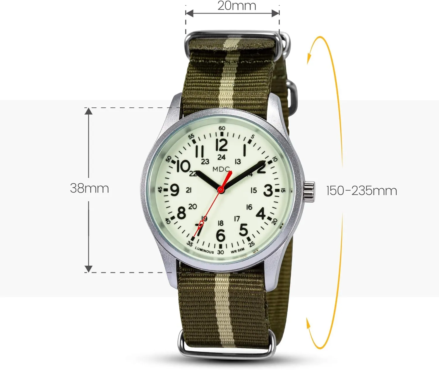 Infantry MDC Glow in The Dark Watches for Men, 12/24 Hour Military Time Watch Waterproof, Field Outdoor Sport Mens Wristwatch with Slip-Thru Nylon Band