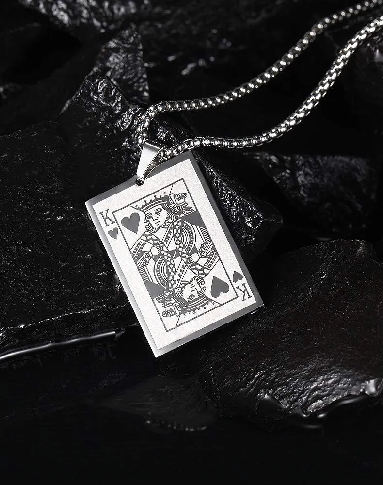 jonline24h Stainless Steel Hearts Card Poker Pendant Mens Womens Necklace 24 inch Chain