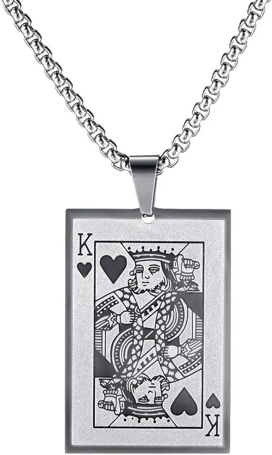 jonline24h Stainless Steel Hearts Card Poker Pendant Mens Womens Necklace 24 inch Chain