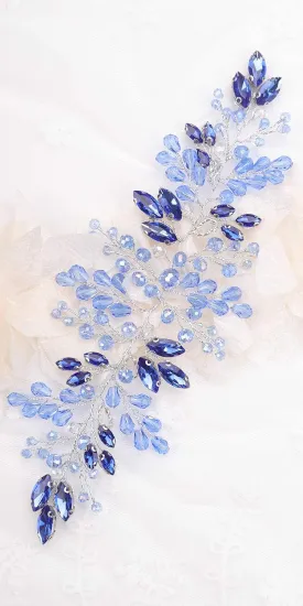 Kercisbeauty Bride Hair Accessories Blue Crystal Hair Vine Gold Headband Evening Party Prom Women Hair Piece Vintage Wedding (Blue)