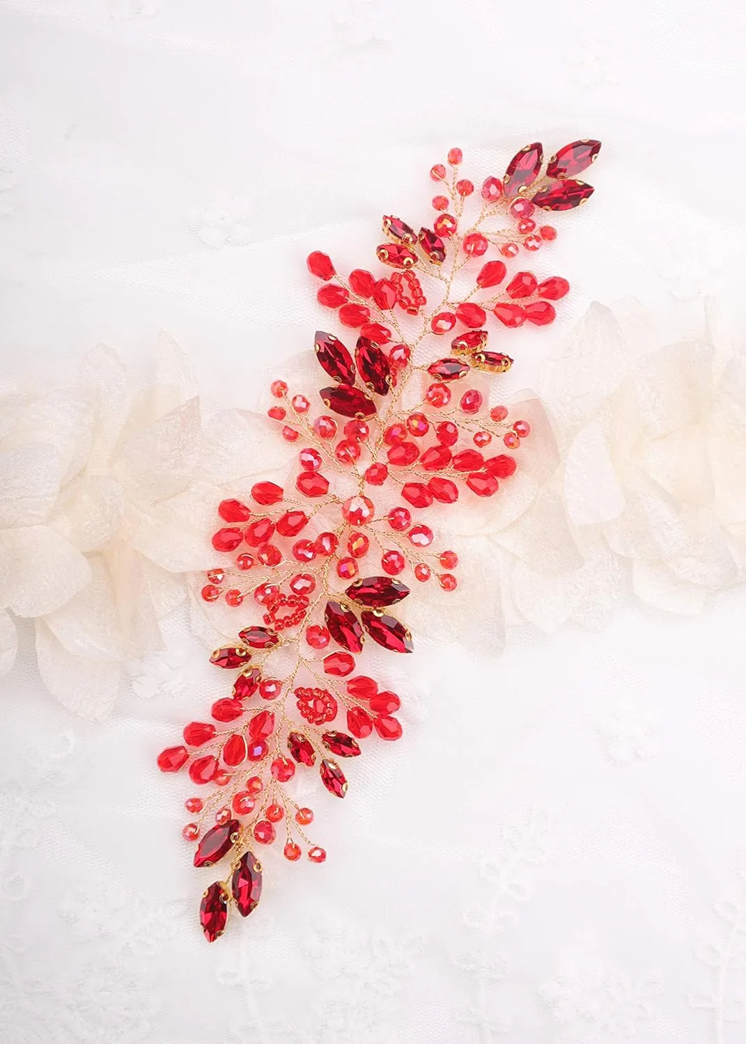 Kercisbeauty Bride Hair Accessories Red Crystal Hair Vine Gold Headband Evening Party Prom Women Hair Piece Vintage Wedding (Red)