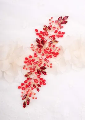 Kercisbeauty Bride Hair Accessories Red Crystal Hair Vine Gold Headband Evening Party Prom Women Hair Piece Vintage Wedding (Red)