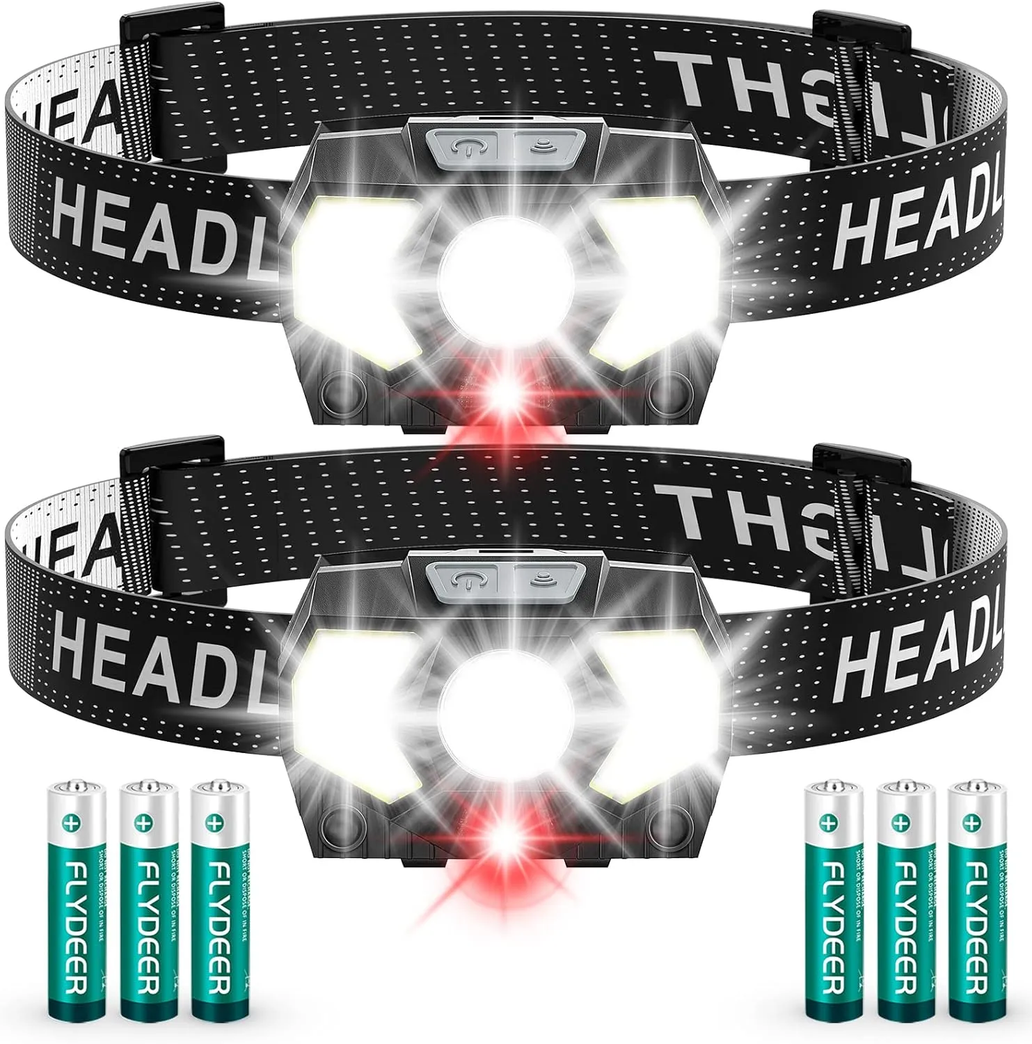 LED Headlamp Battery Powered, Headlight COB 2pcs 1500 Lumens, AAA Batteries Included, 7 Light Modes with Red Light, Headlamps IPX5 Waterproof Suitable for Camping, Jogging and Hiking