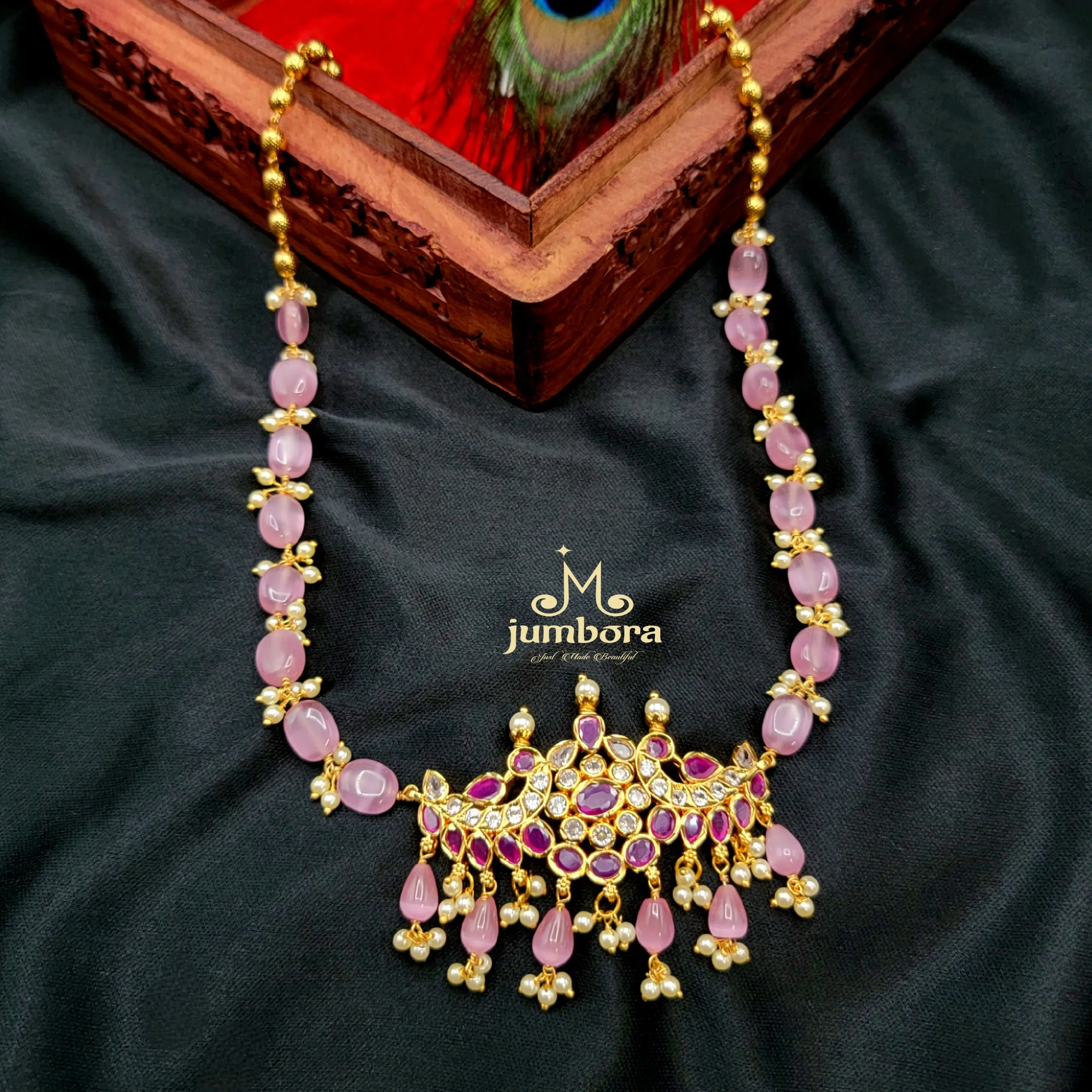 Monalisa Pink Beads Necklace with AD Pendant Set