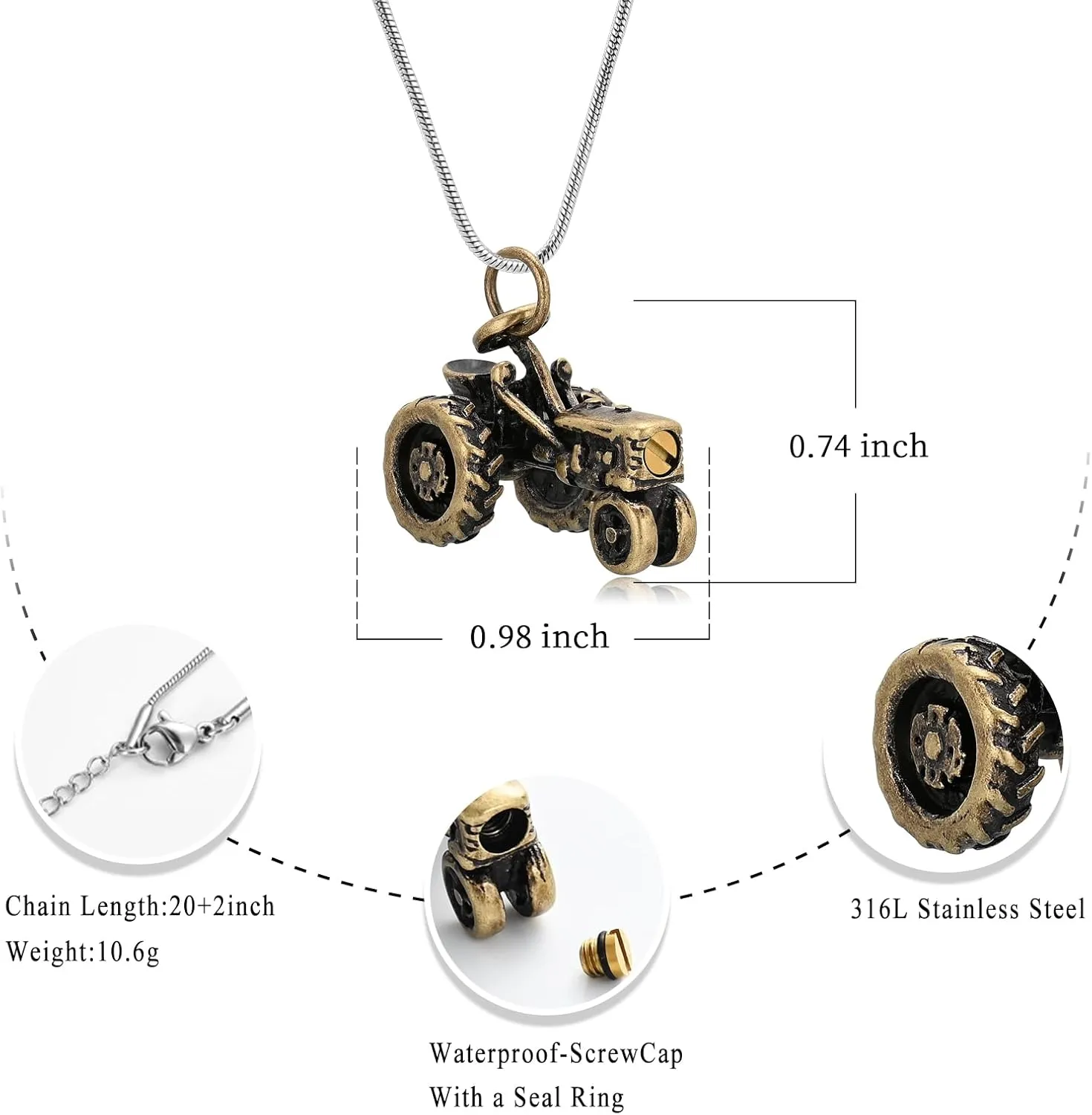 Oinsi Men Keepsake Jewelry Stainless Steel Farm Tractor Cremation Necklace For Ashes For Dad Memorial Urn Necklace Pendant