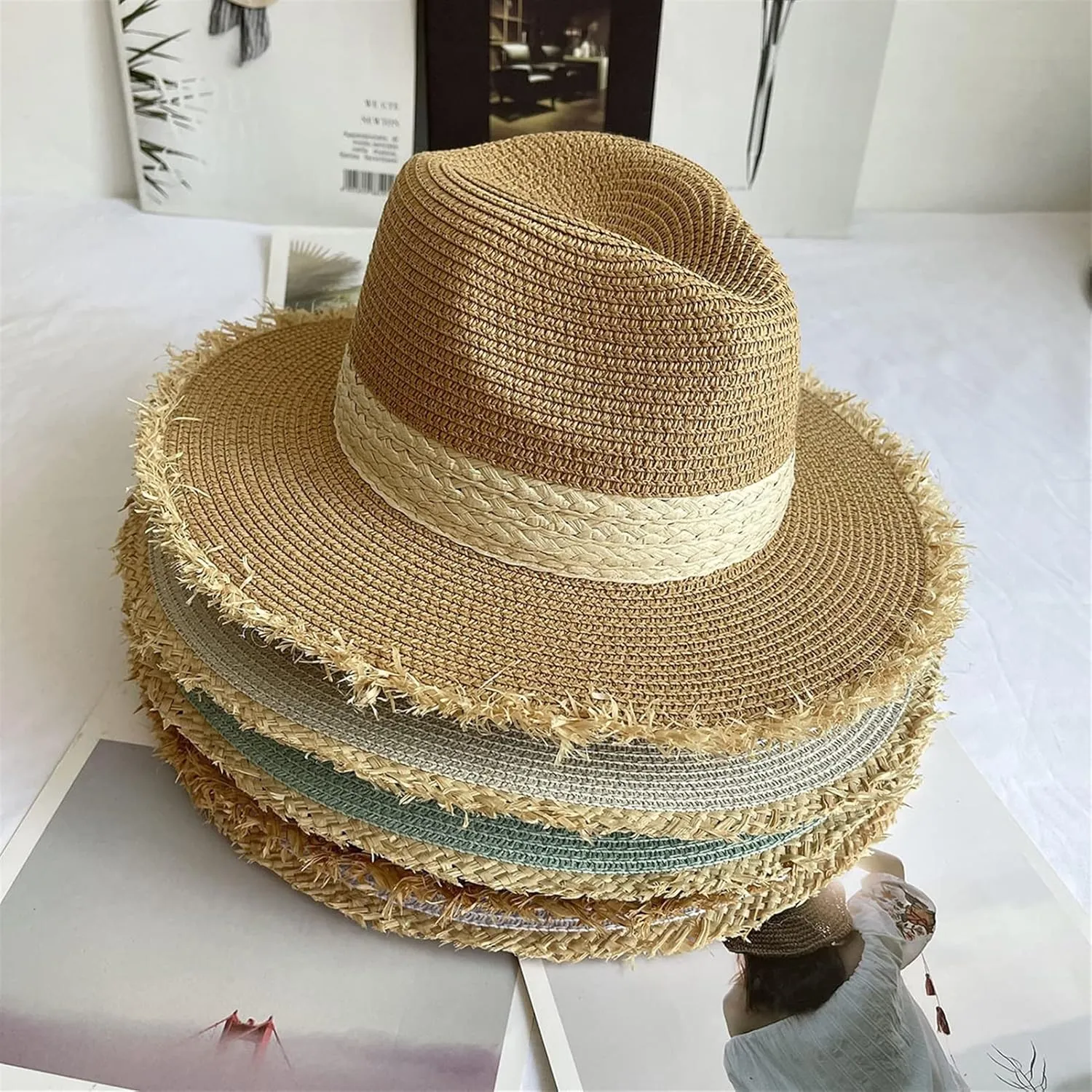 Panama Hat Sun Hats for Women Men, Wide Brim Straw Hat Summer Fedora Beach Cap UPF 50 
