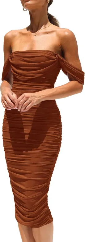 PRETTYGARDEN Women's Summer Off The Shoulder Dresses Sleeveless Ruched Fitted Cocktail Party Club Midi Bodycon Dress