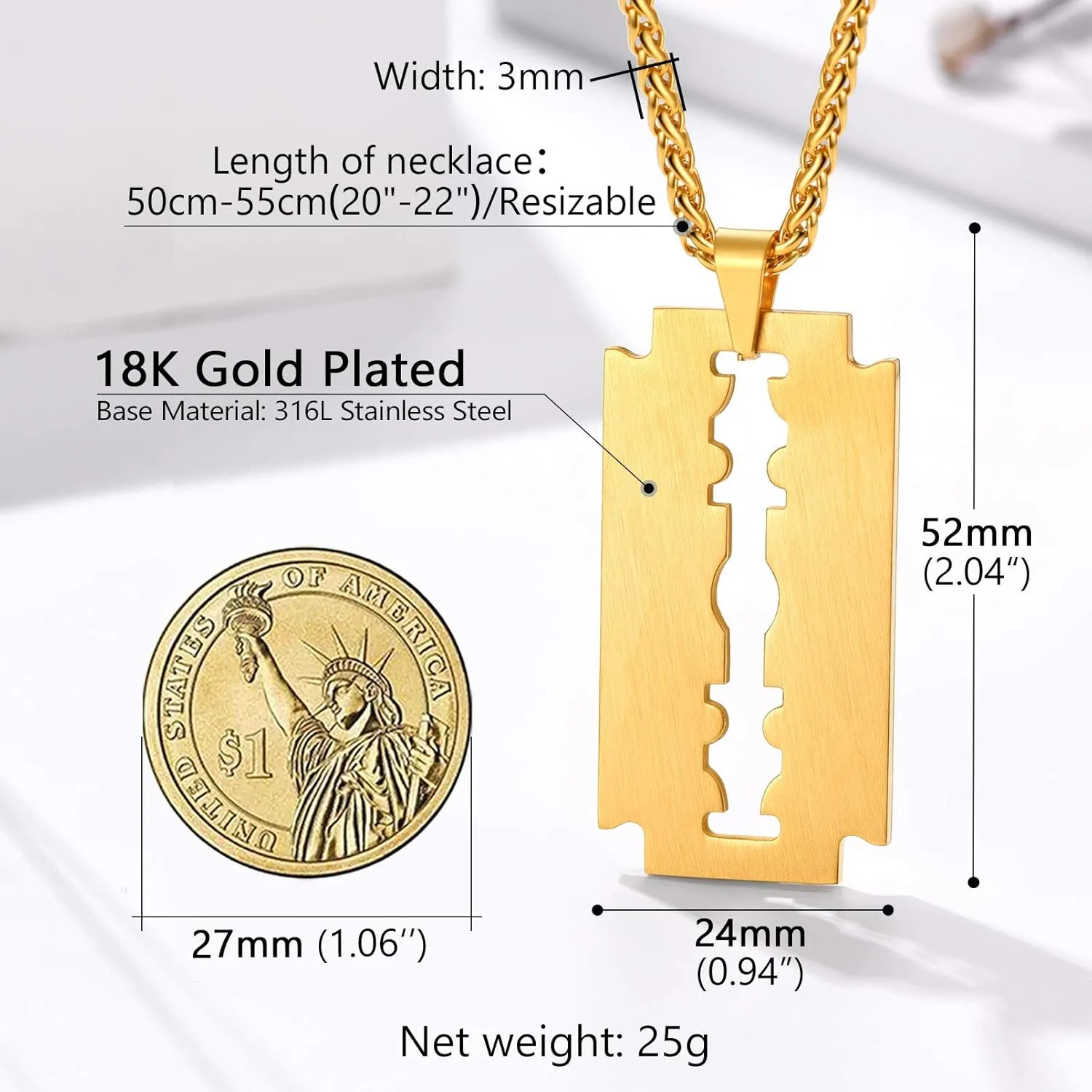 PROSTEEL Mens Stainless Steel Razor Blade Model Dog Tag Pendant Hip Hop Necklace, Punk Rock Jewelry, 22inch-24inch Adjustable, Come with Box