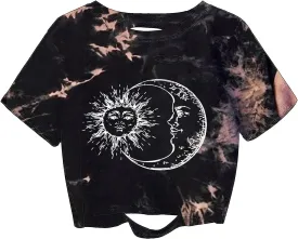 Remidoo Women's Casual Short Sleeve Graphic Print Tie Dye Crop Top T Shirt