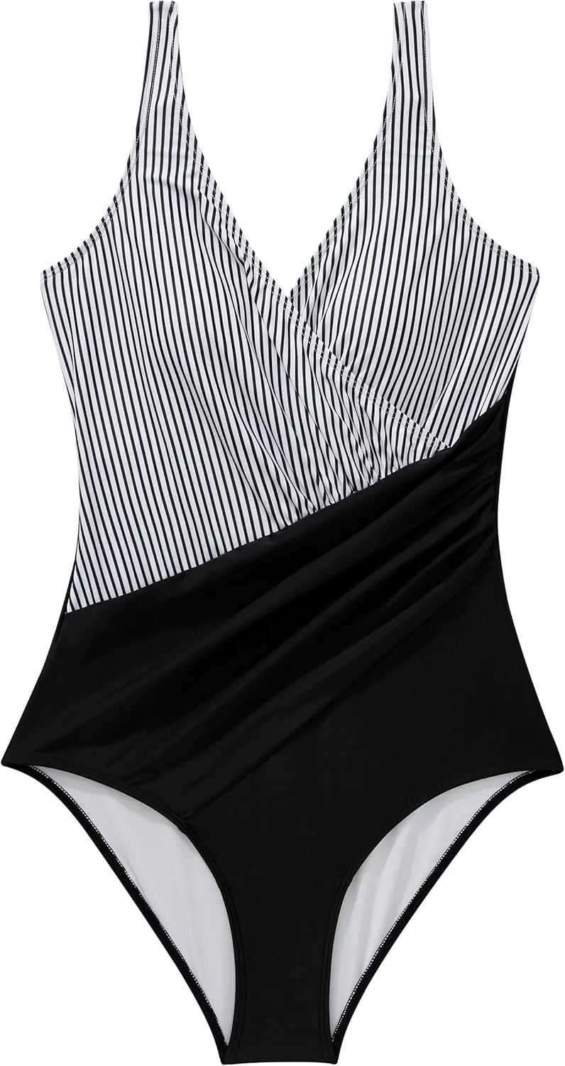 RXRXCOCO Womens One Piece Swimsuits Tummy Control Ruched Criss Cross Bathing Suits V Neck Slimming Swimwear