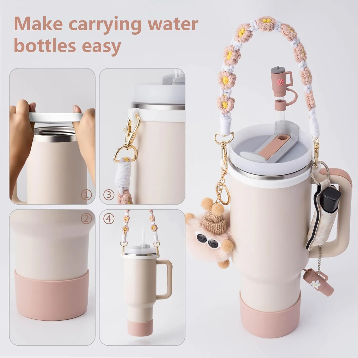 Stanley Cup Accessories Set - Water Bottle Handle Strap, Silicone Cup Boot, Lipstick Holder, Keychain Charms & Handle Charms, Straw Topper for 40oz/30oz