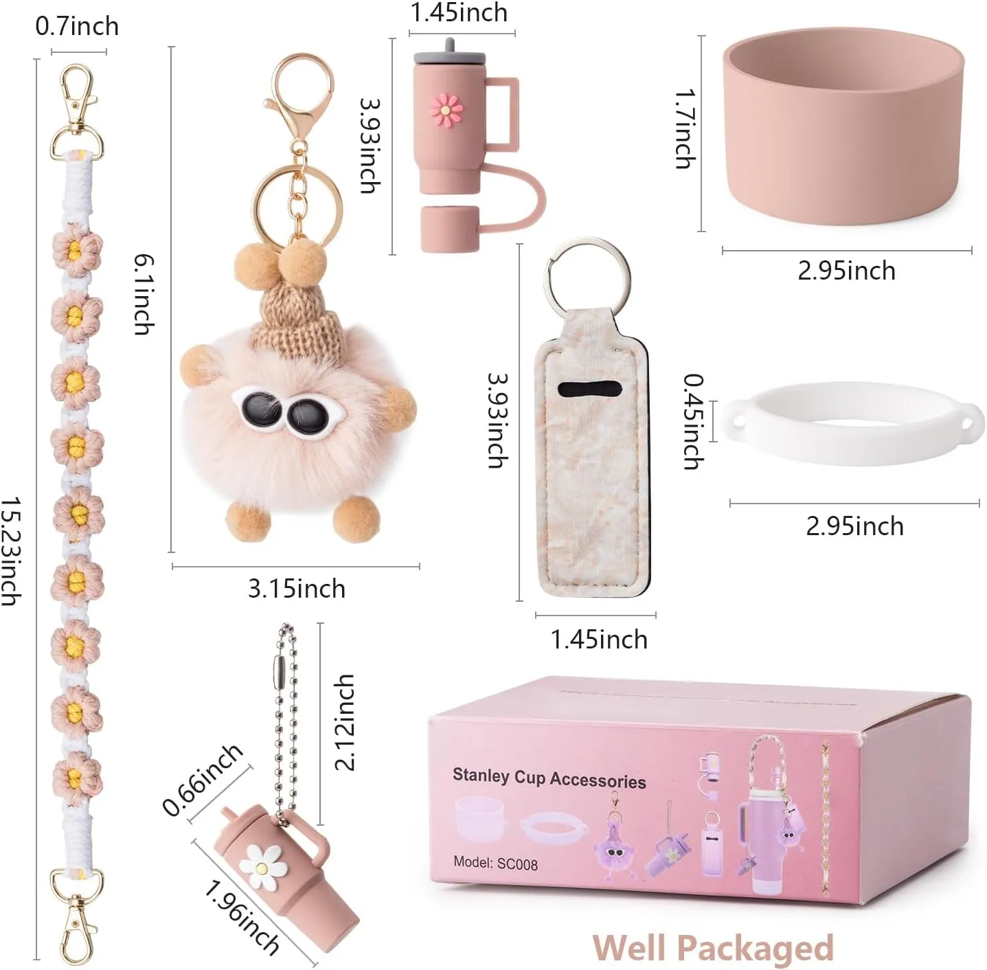 Stanley Cup Accessories Set - Water Bottle Handle Strap, Silicone Cup Boot, Lipstick Holder, Keychain Charms & Handle Charms, Straw Topper for 40oz/30oz