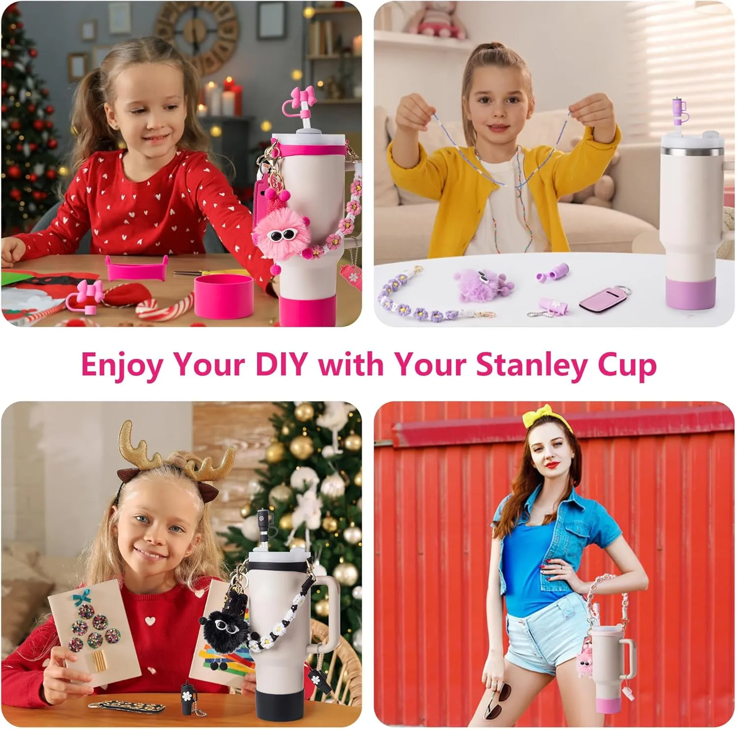 Stanley Cup Accessories Set - Water Bottle Handle Strap, Silicone Cup Boot, Lipstick Holder, Keychain Charms & Handle Charms, Straw Topper for 40oz/30oz