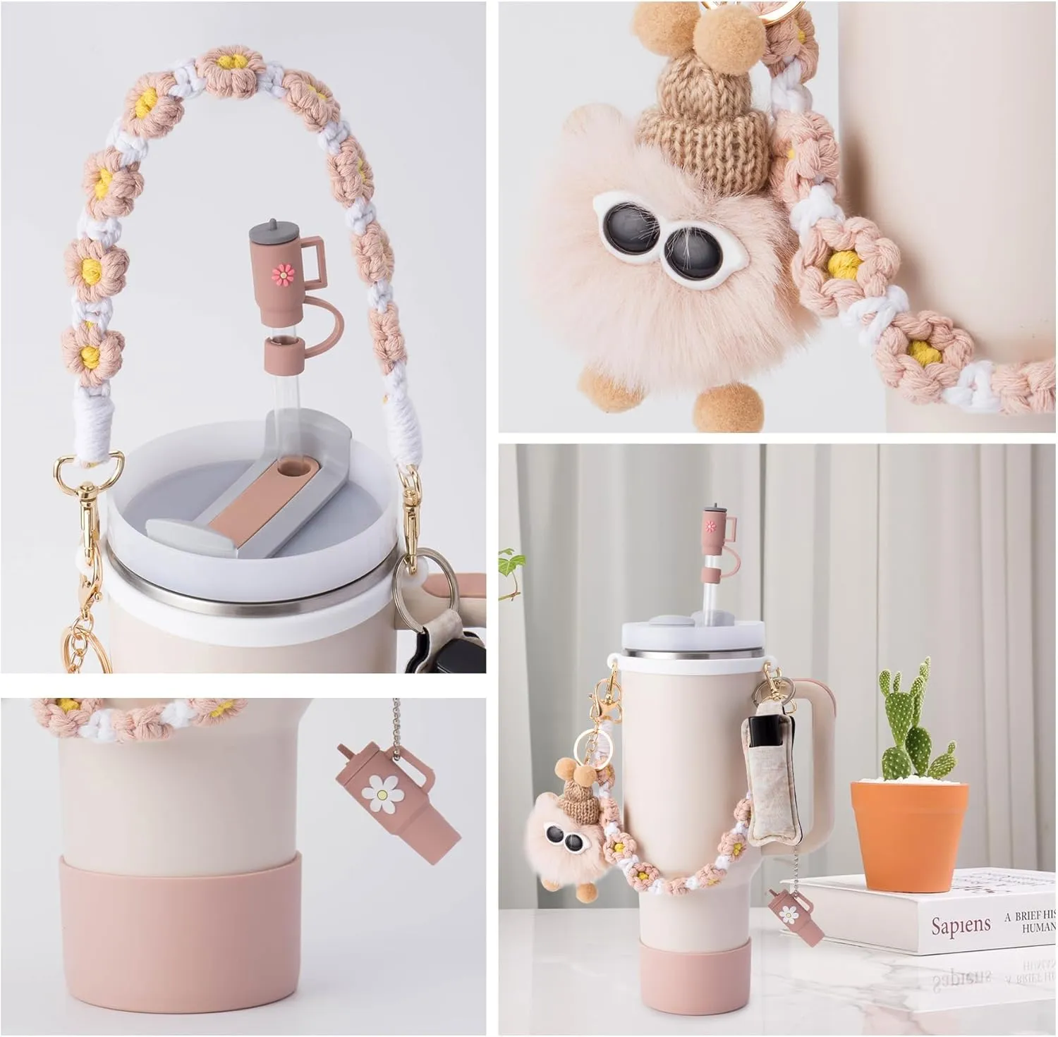 Stanley Cup Accessories Set - Water Bottle Handle Strap, Silicone Cup Boot, Lipstick Holder, Keychain Charms & Handle Charms, Straw Topper for 40oz/30oz