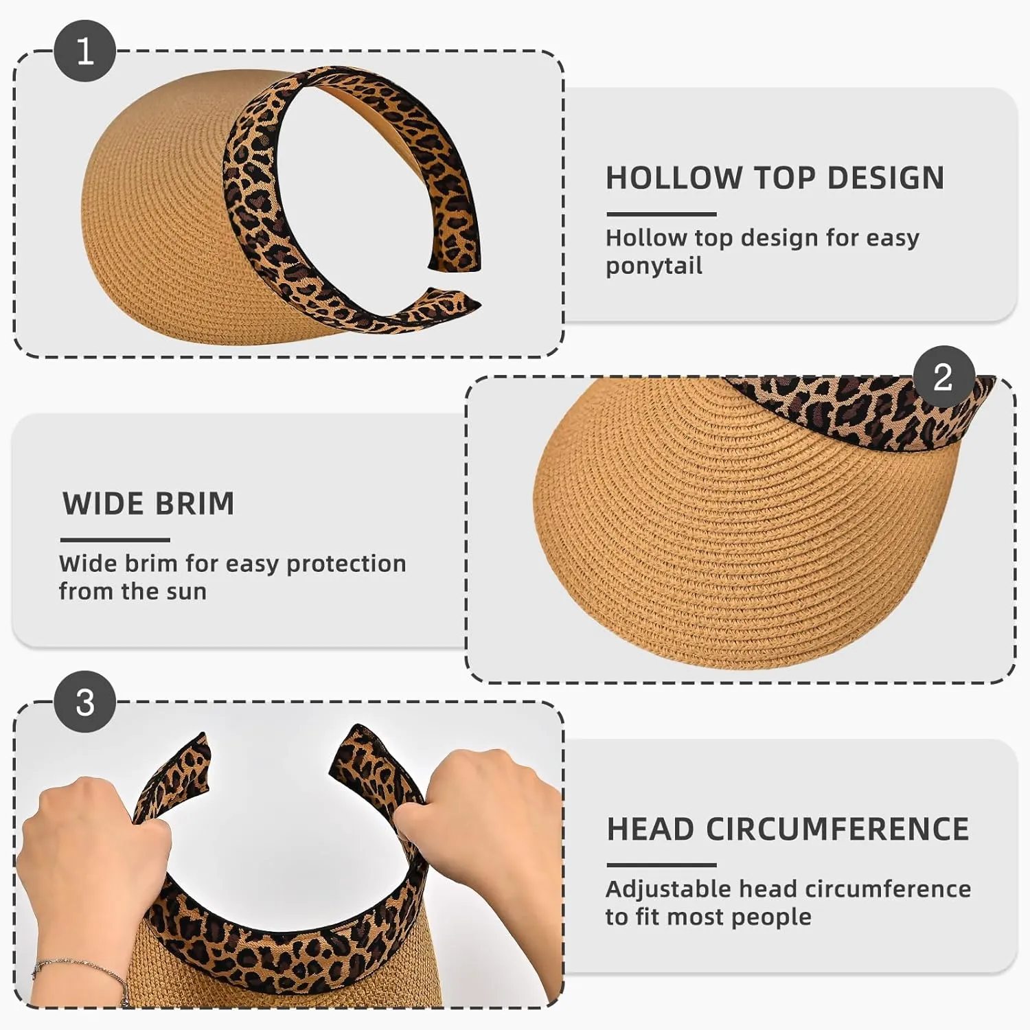 Sun Visor, Ladies Ponytail Wide Brim Straw Headband Visors, Summer Beach Travel Shade Hat with UV Protection for Women