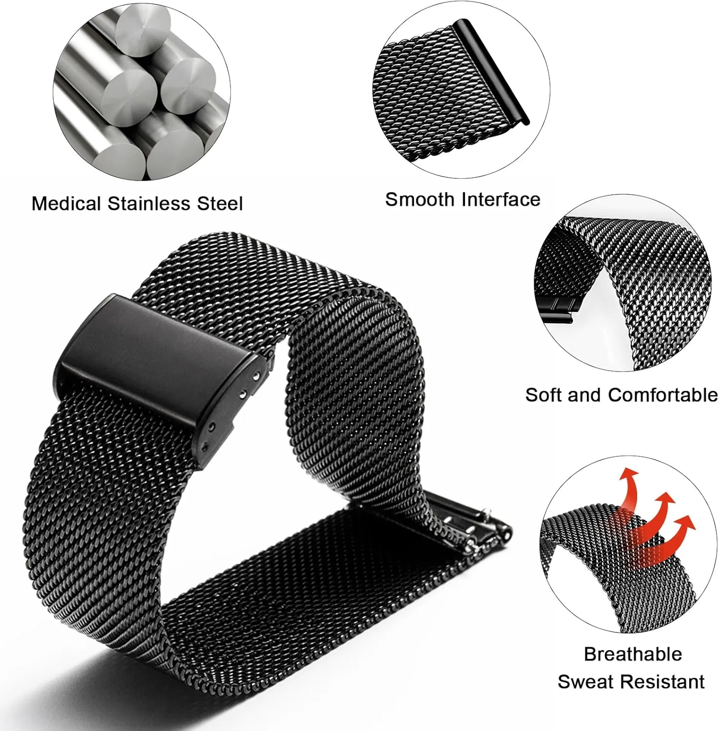 TStrap Mesh Watch Band Metal - Black Quick Release Watch Bands for Men Women - Stainless Steel Smart Watches Strap Bracelet Replacement - 10mm 12mm 14mm 16mm 18mm 20mm 22mm