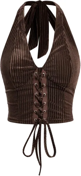 Verdusa Women's Sleeveless Halter Neck Lace Up Front Tie Back Crop Top