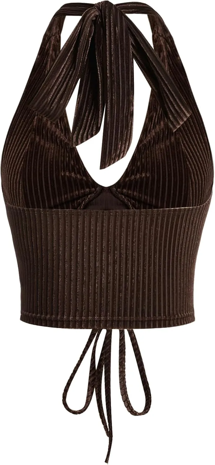 Verdusa Women's Sleeveless Halter Neck Lace Up Front Tie Back Crop Top