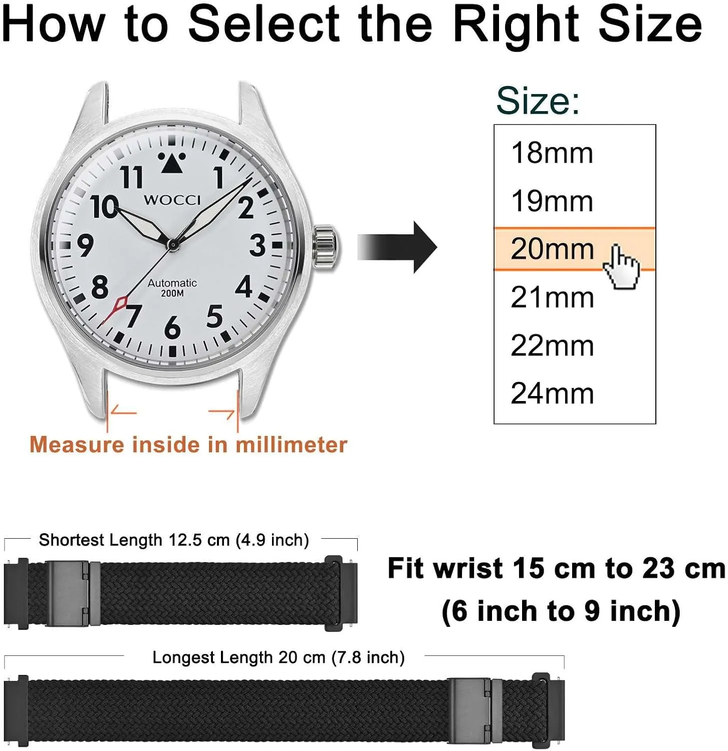 WOCCI 22mm Braided Nylon Watch Band for Men and Women, Quick Release, Black Stainless Steel Buckle (Black)