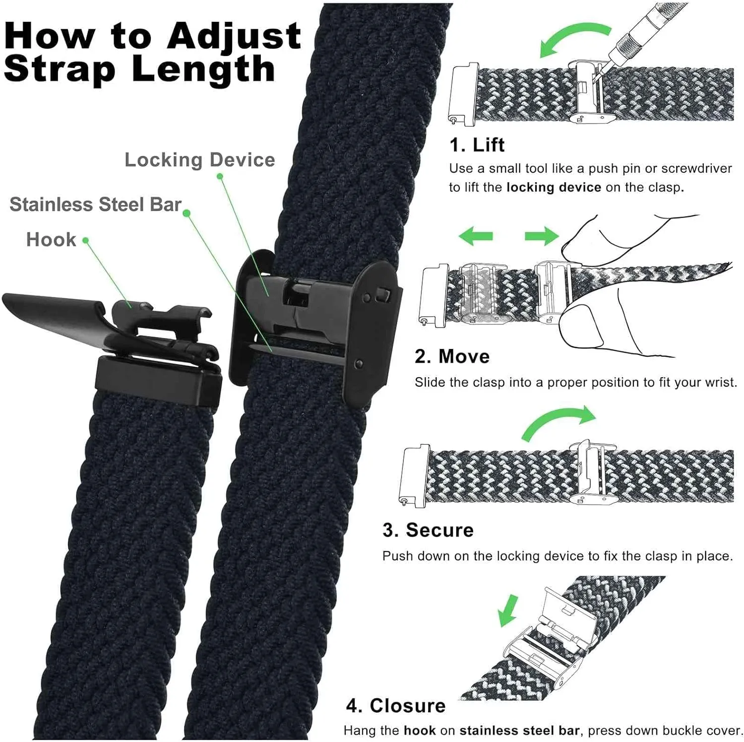 WOCCI 22mm Braided Nylon Watch Band for Men and Women, Quick Release, Black Stainless Steel Buckle (Black)