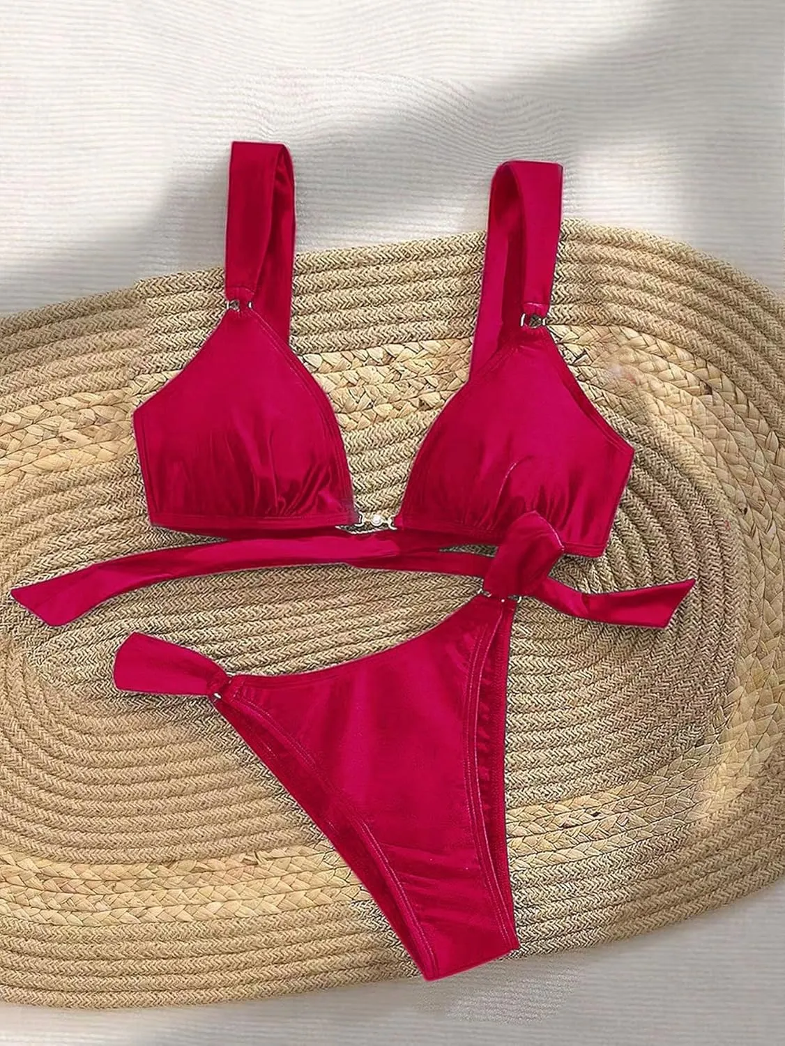 Women's 2 Piece Cheeky Bikini Sets Tie Back Ring Linked Brazilian Swimsuit Sexy Triangle Bathing Suit