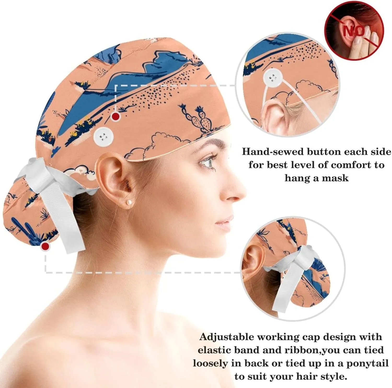 Work Cap Bouffant Surgical Hats with Hair Ties Cactus Mountain Cloud Sun Paint Landscape Ponytail Holder Tie Back Scrub Hat