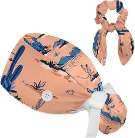 Work Cap Bouffant Surgical Hats with Hair Ties Cactus Mountain Cloud Sun Paint Landscape Ponytail Holder Tie Back Scrub Hat
