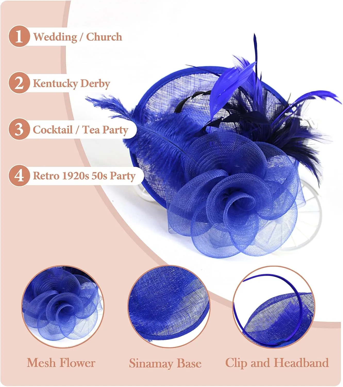 Z&X Sinamay Fascinator Pillbox Hats for Women Feather Flower Church Derby Headband Clip Wedding Tea Party Hat