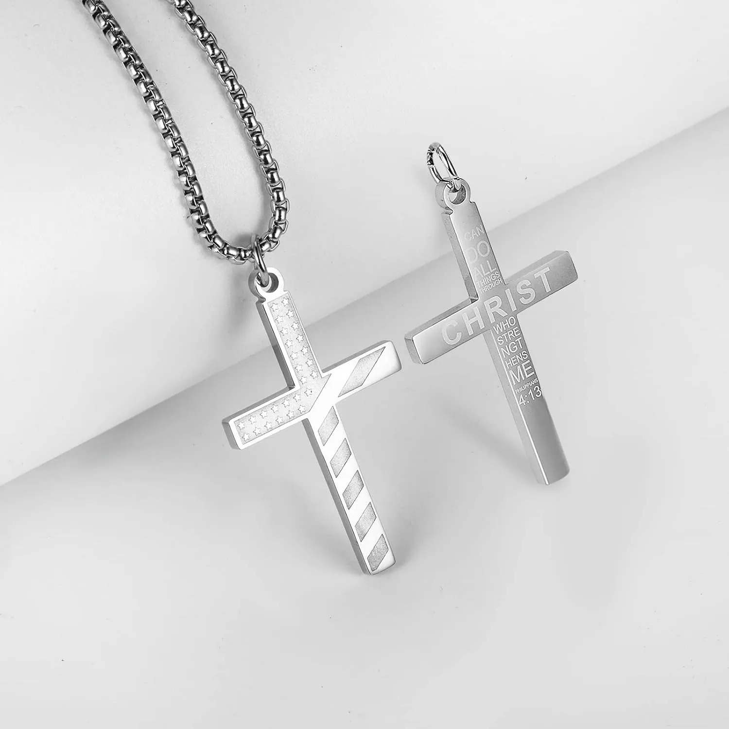 ZRAY American Flag Cross Necklace for Men Patriotic Jewelry Stainless Steel Chain 24inch Engraved Inspirational Bible Verse Philippians 4:13 Pendant Religious Gift for Dad Boys