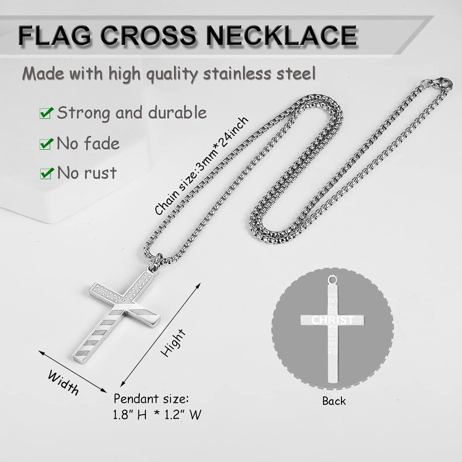ZRAY American Flag Cross Necklace for Men Patriotic Jewelry Stainless Steel Chain 24inch Engraved Inspirational Bible Verse Philippians 4:13 Pendant Religious Gift for Dad Boys