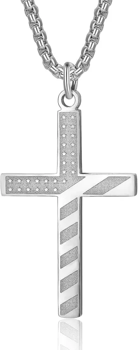ZRAY American Flag Cross Necklace for Men Patriotic Jewelry Stainless Steel Chain 24inch Engraved Inspirational Bible Verse Philippians 4:13 Pendant Religious Gift for Dad Boys